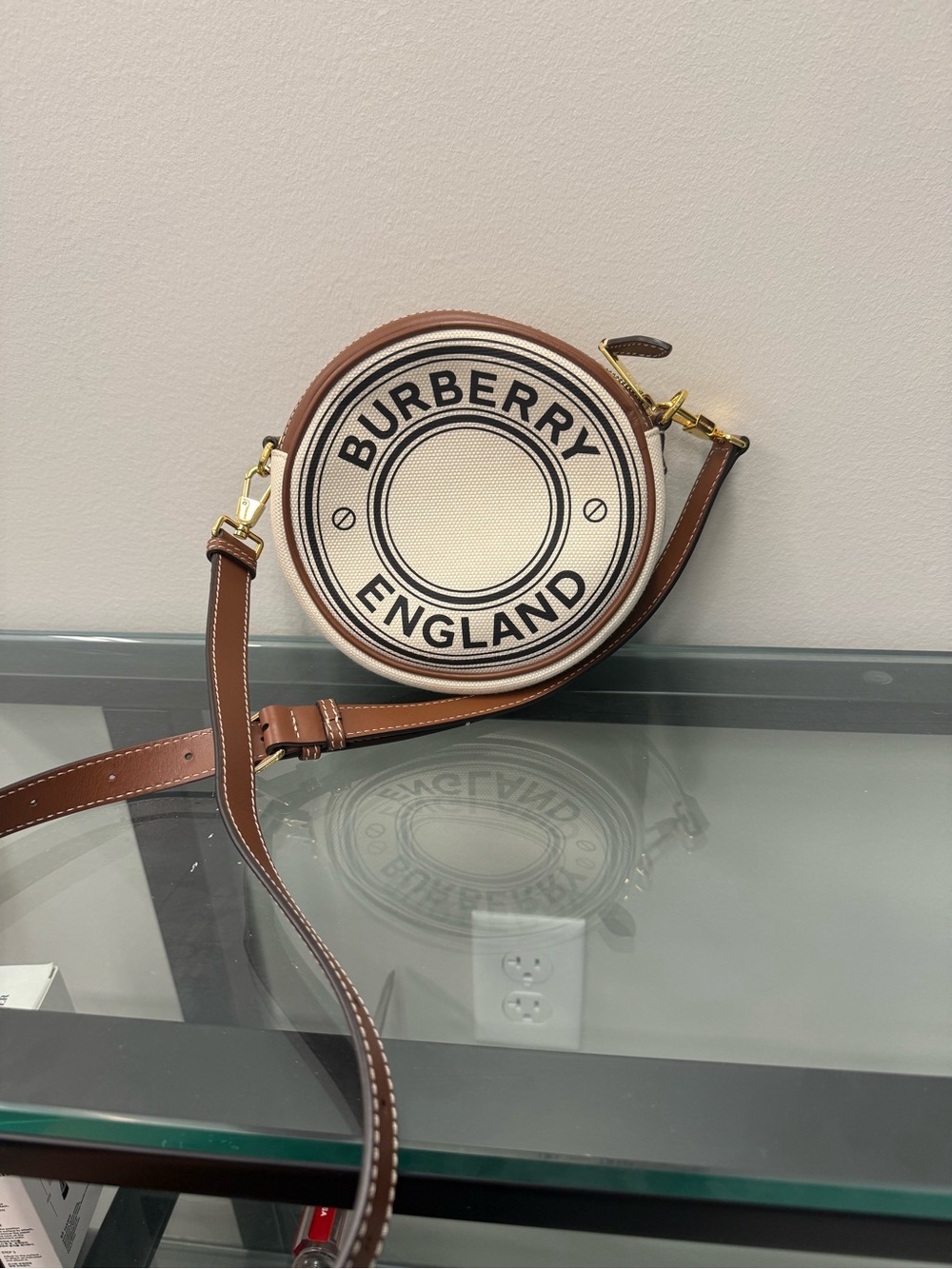 Burberry Brown Leather Trim Round Crossbody Bag with Cream Canvas